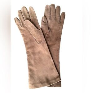 Vintage Brown Soft Suede Leather Fancy Mid Length Gloves, Sz 6.5